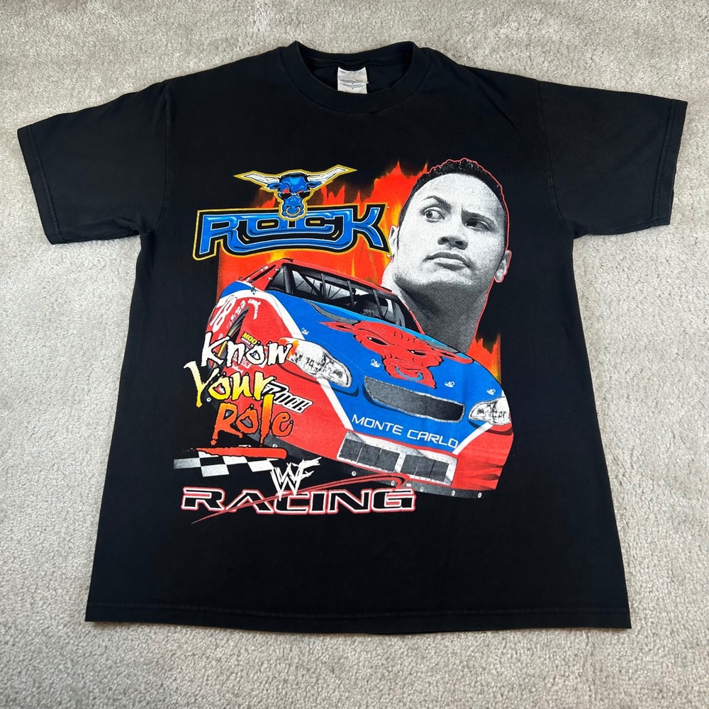 Vintage 90s WWF The Rock Racing T-Shirt Mens Medium Black Know Your Role Tee USA